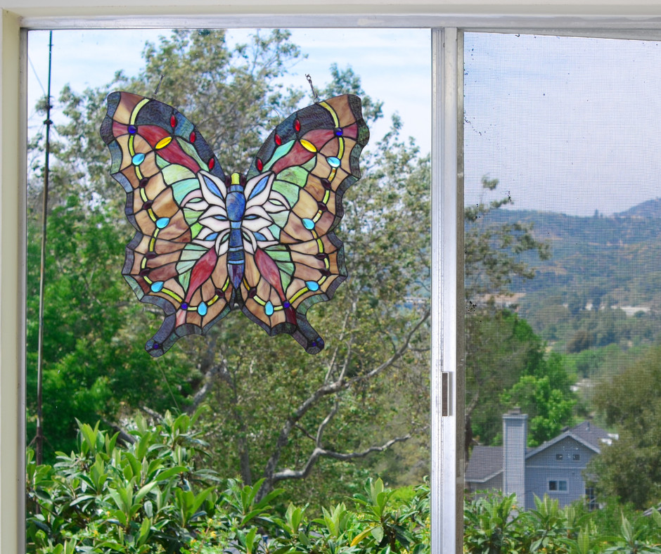 Tiffany Style Stained Glass Butterfly Window Panel Suncatcher 22″ Handcrafted