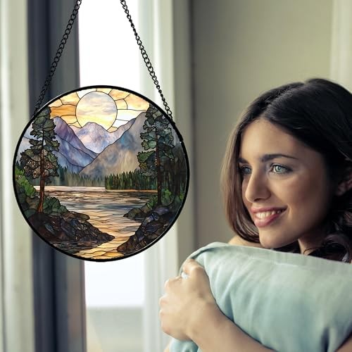 Stained Glass Window Hanging, Sunset Mountains Lake 6.3×6.3 IN 1-yellow Green