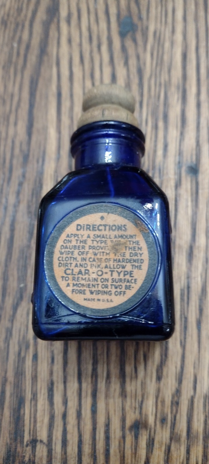 Antique Clar-O-Type Cobalt Blue Bottle – Wooden Stopper – Typewriter Cleaner