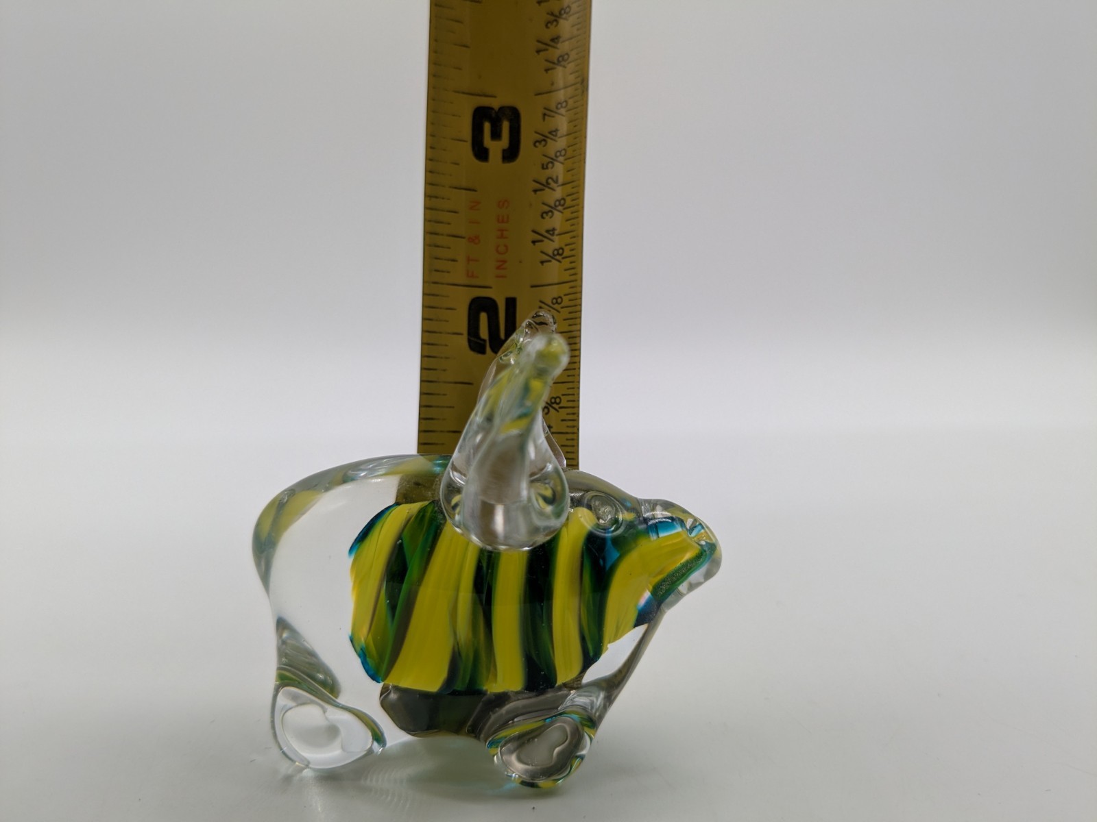 Handblown Glass Pig Figurine Green & Yellow Swirl Small 2″ Marked