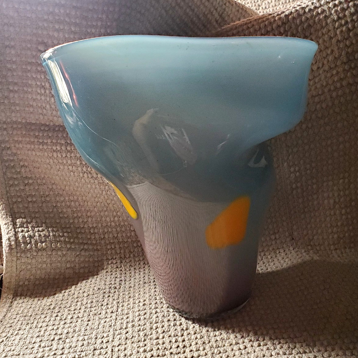 Blue Purple Yellow Swirl Art Glass Vase, Abstract Decorative Glossy Finish