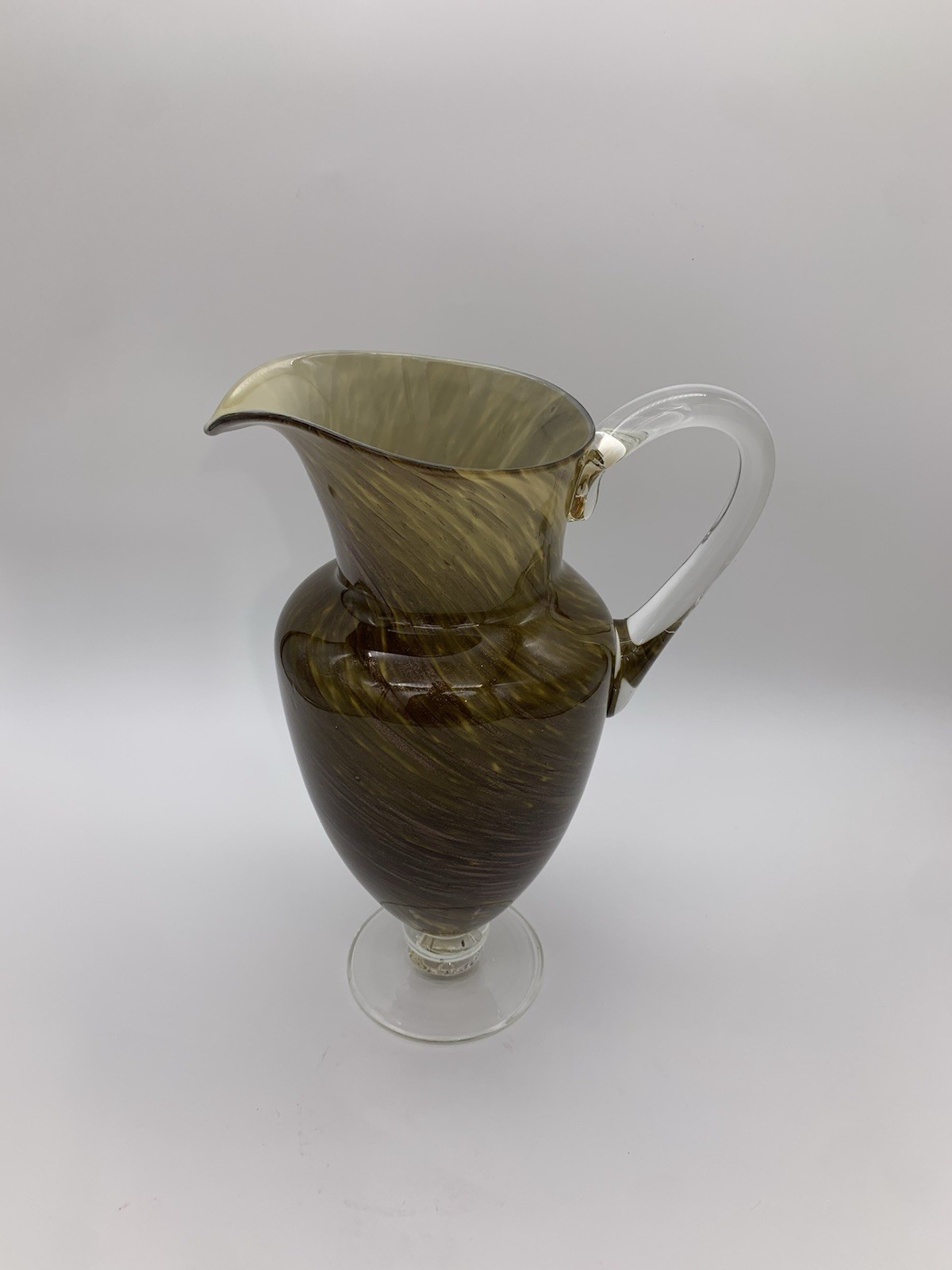 Vtg. Smokey Ornate Gold Glitter Accent Swirl Art Glass Pitcher Vase With Handle