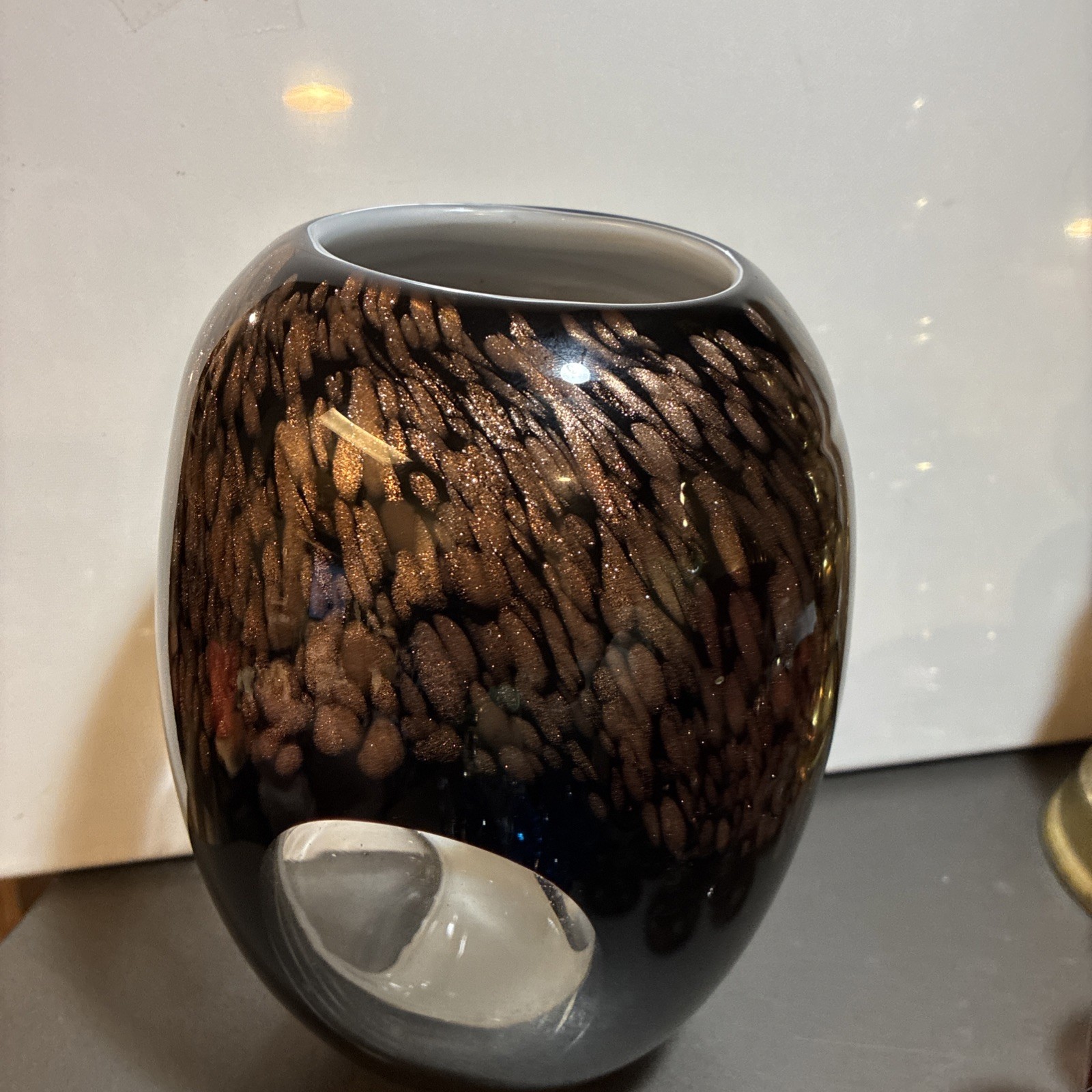 Murano Style Black, White, Copper Fleck Art Glass Vase Cased w/Oval Windows 8.5″