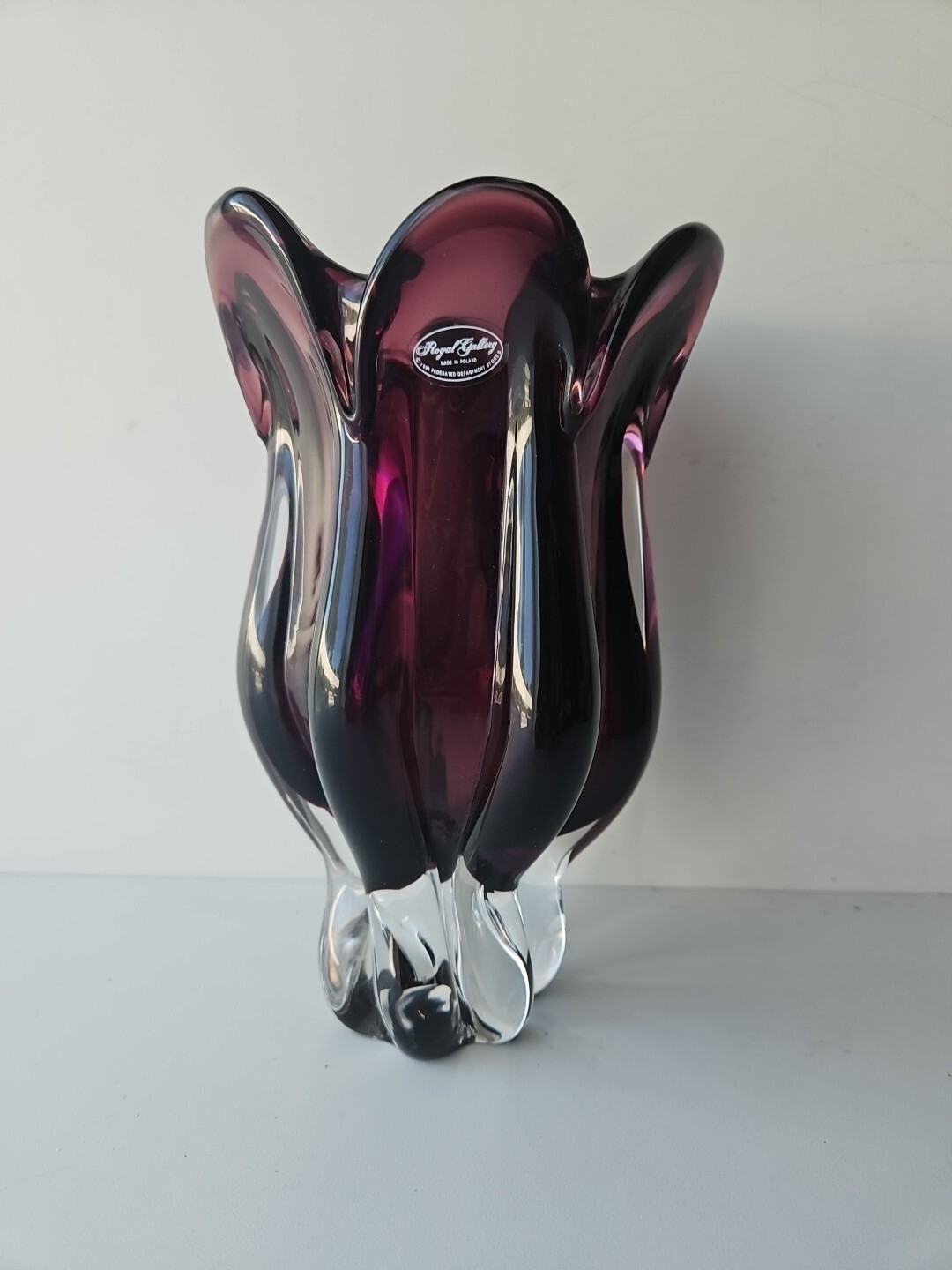 Vintage Art Glass Vase Royal Gallery Murano Purple Glass, Made In Poland, 9.25″