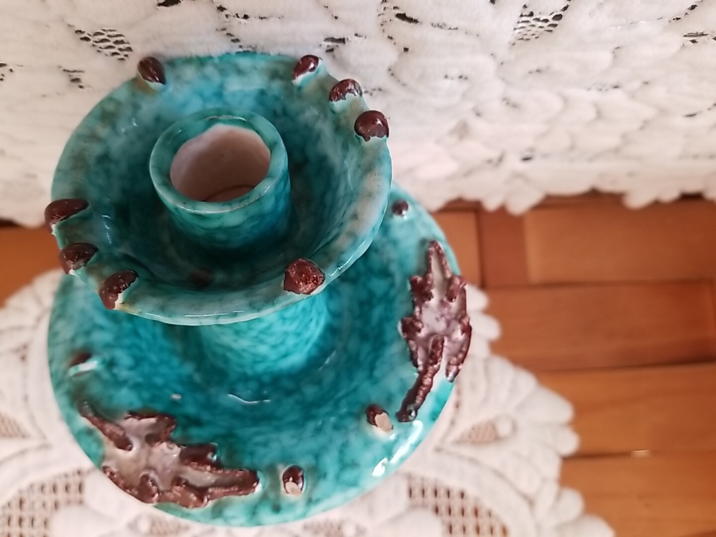 Candle Holder Pottery Blue Green Textured Brown Glaze Italy Signed