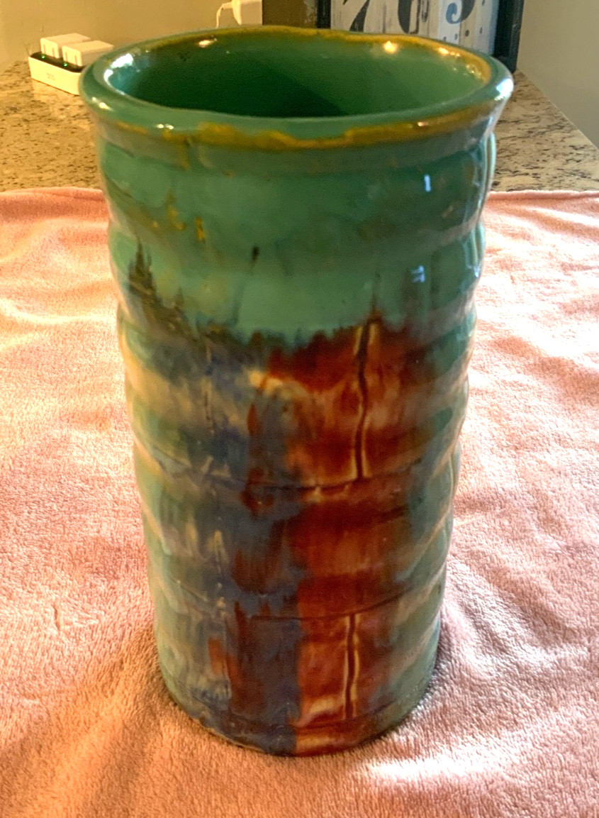 Hull Pottery Vase 1920s Multicolor Ribbed Cylinder 8.5″ x 4.25″