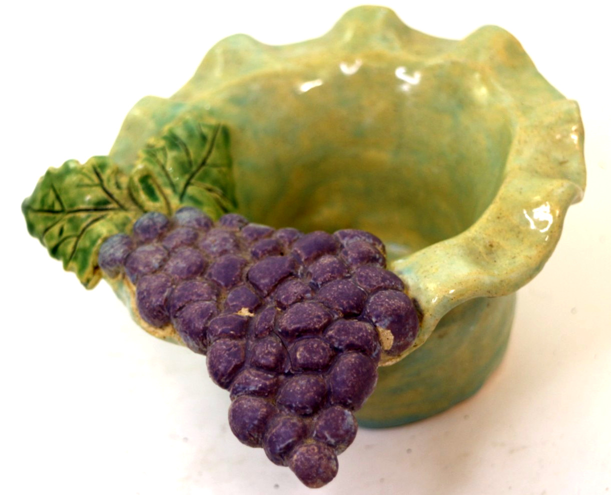 Artistic Studio Art Pottery Stoneware Grape and Leaf Form Bowl Signed Laura