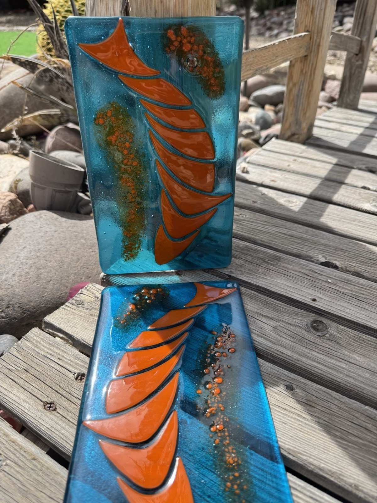 Fused Glass Art Panels Featuring Abstract Fish Design Set Of 2