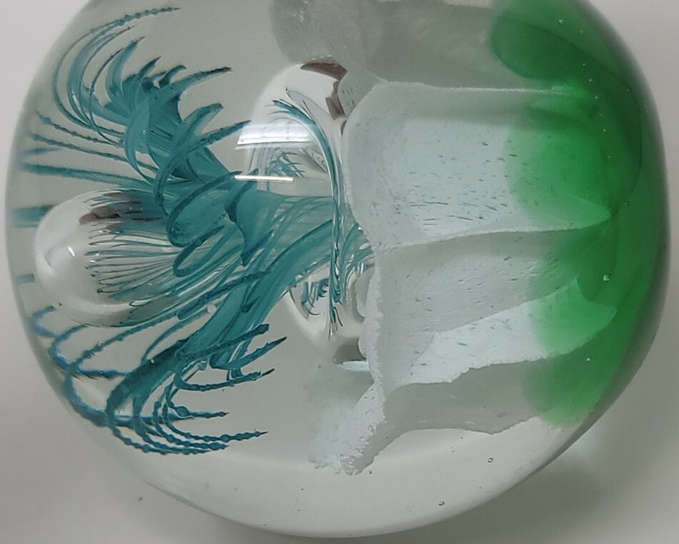 Blown Glass Flower and Bubble Paperweight Blue Green White 3″ DIA Vintage