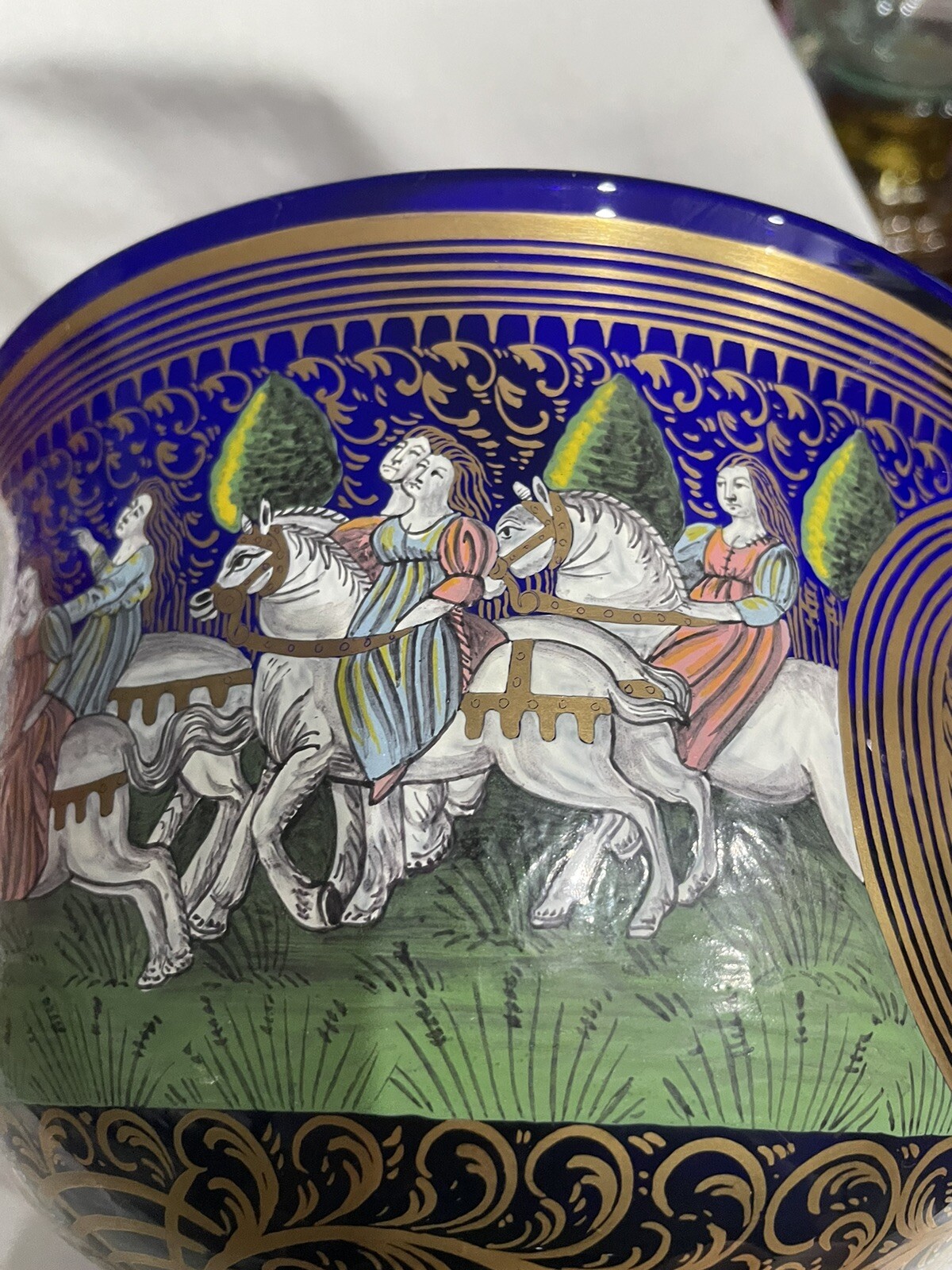 Murano art glass Vintage Barovier & Toso hand Paint enameled wedding Bowl Cobalt