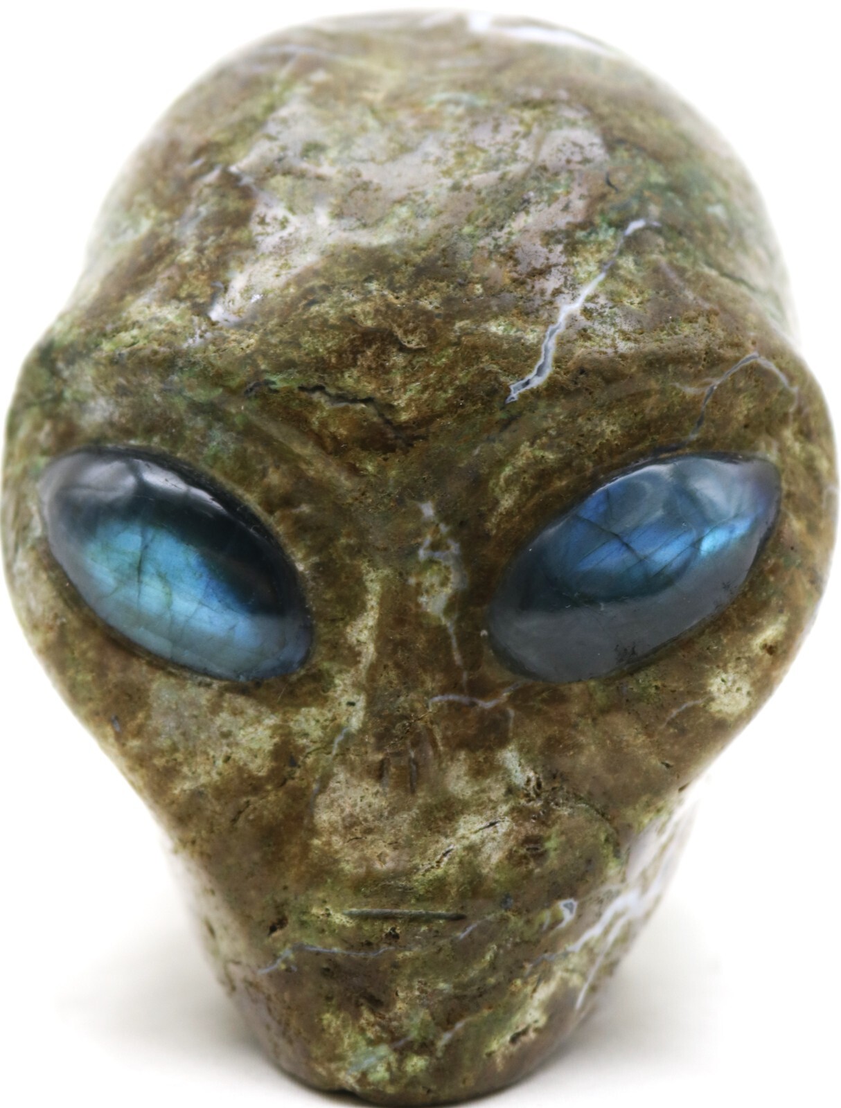 Unique Green OPAL Sculpture ALIEN HEAD with LABRADORITE Gemstone Eye Paperweight