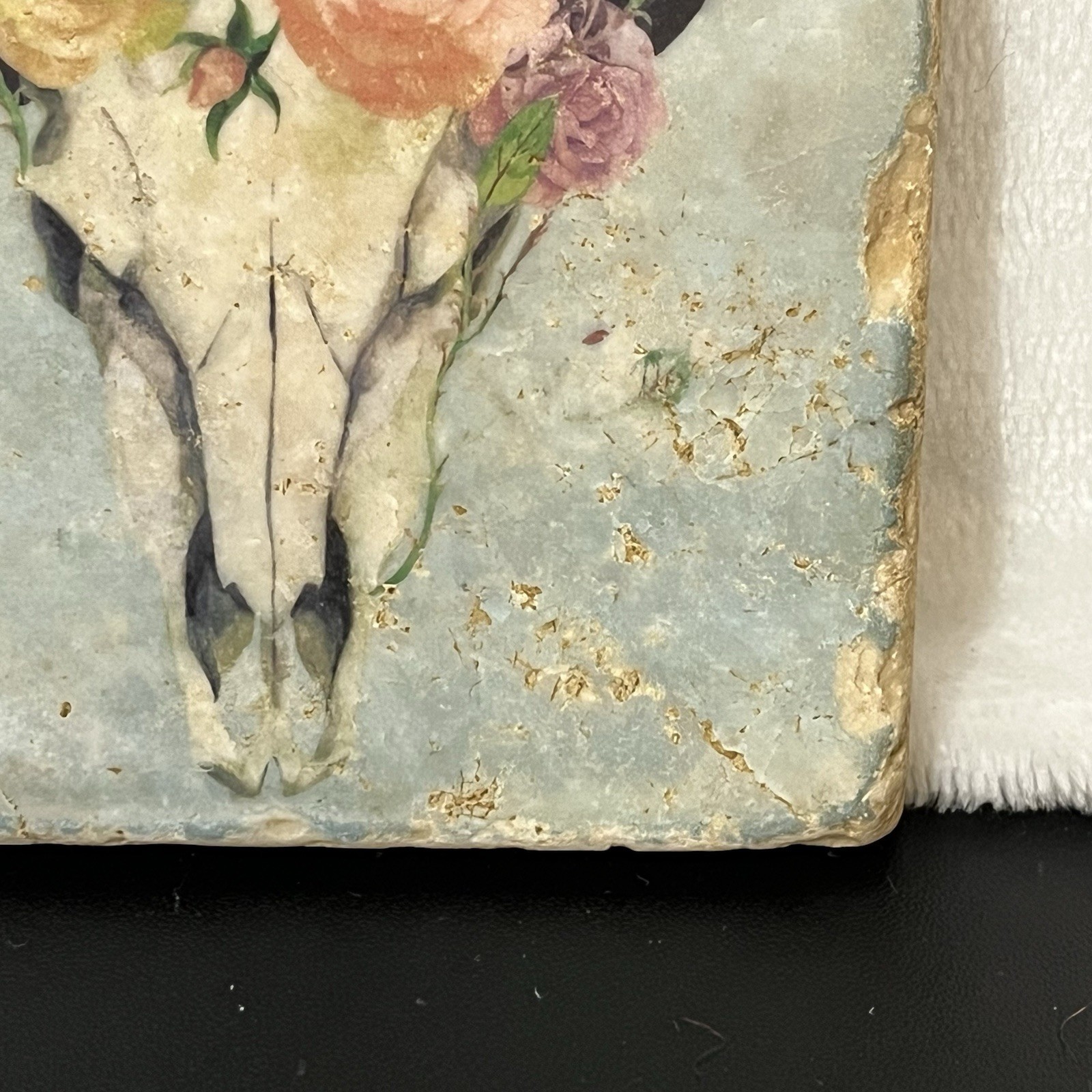 Southwestern Themed Ceramic Tile Coaster Animal Skull Floral Distressed Design