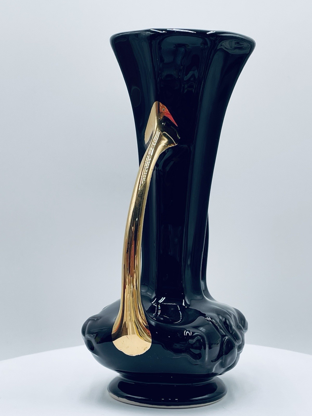VTG Glossy Black Gold Double Handle Urn Vase Raised 3D Rose Octagon Deco MCM 8″