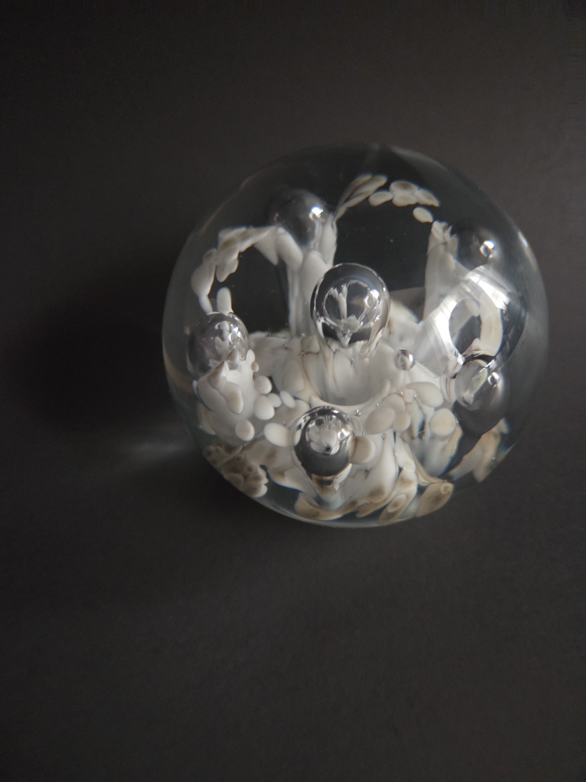 Vintage HandBlown Clear Glass Paperweight with Controlled Bubbles, White Brown
