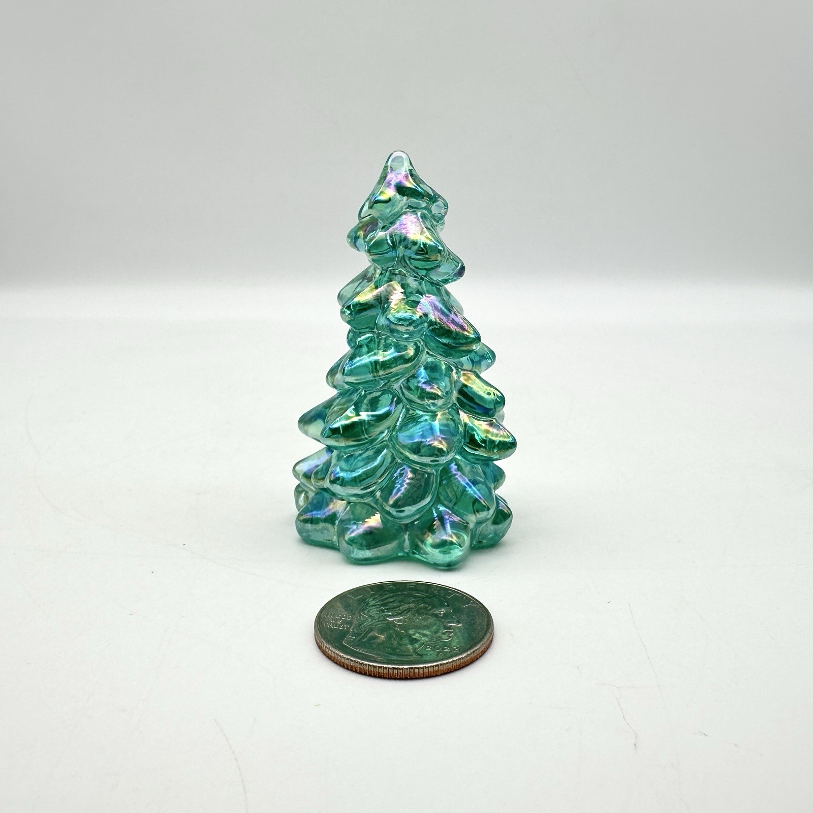 Mosser Mini Teal Carnival Glass Christmas Tree, 2 5/8” tall