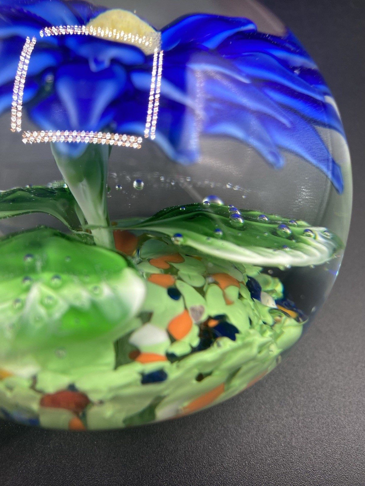 Murano Blue Floral Paperweight Handmade in Italy w/ MURANO Sticker