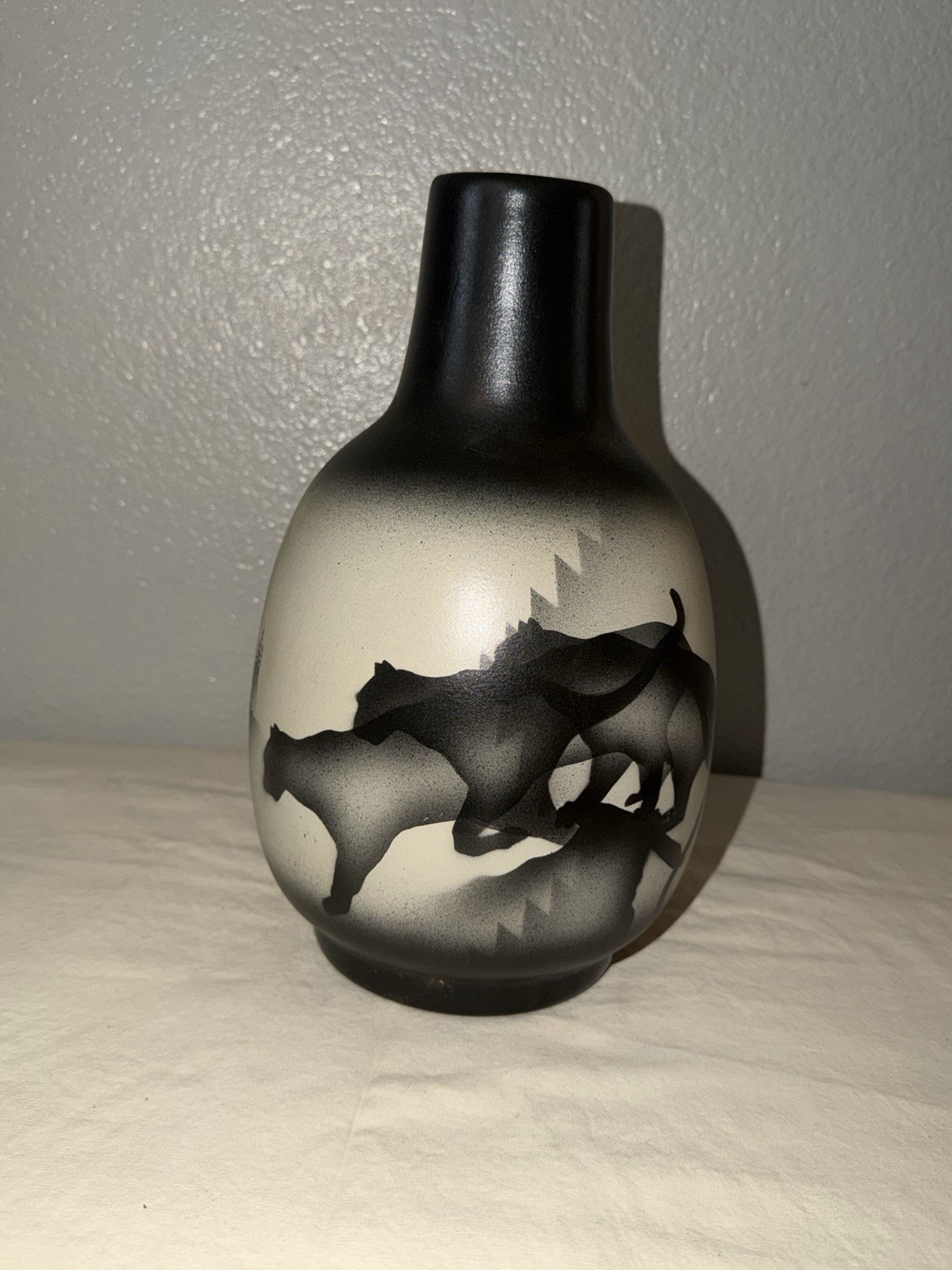 Hand Painted Signed Ceramic Vase Horse Silhouette Black Gray White Matte