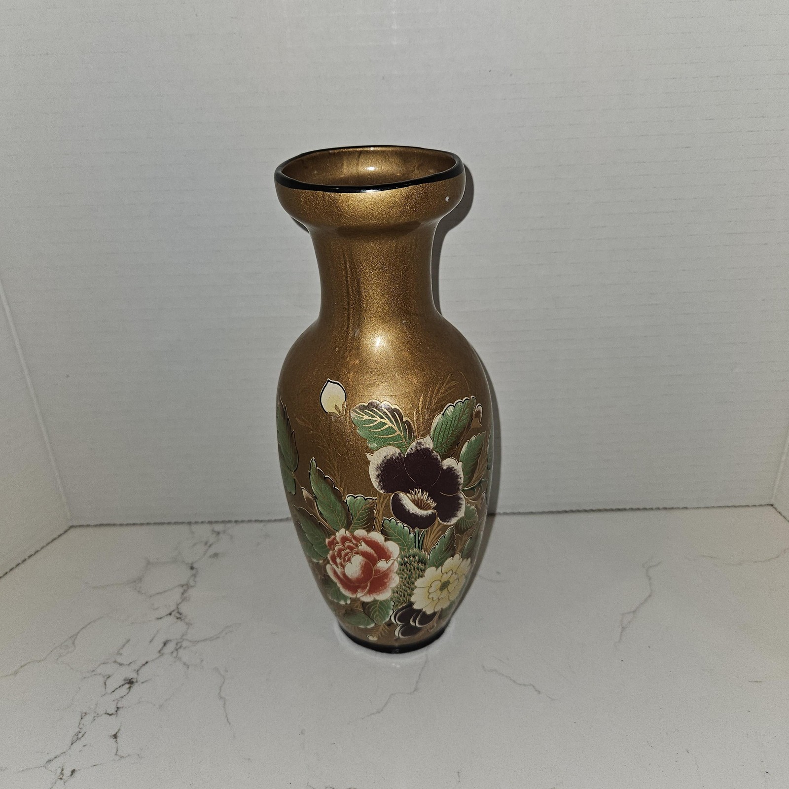 Vintage Enamel Vase Metallic Gold Hand Painted 8″ Floral Decorative Flower