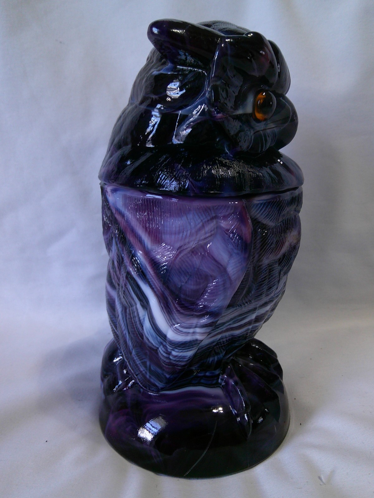 RARE Vintage Imperial Purple Slag Glass Owl Figure Covered Jar w Glass Eyes EVC