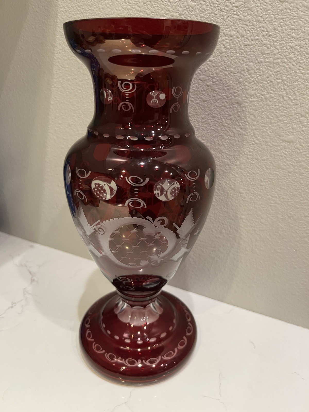Vtg Large Cut to Clear Bohemian Egerman Ruby Red Etched Glass Bird / Castle Vase
