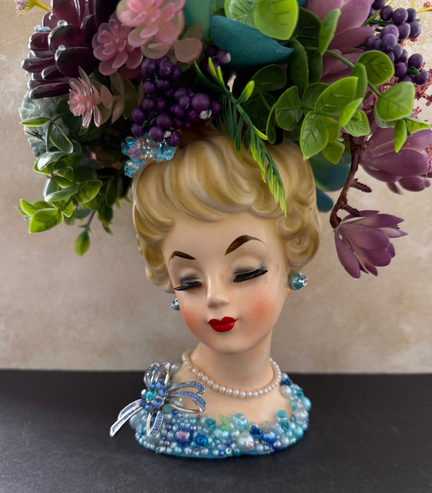 VINTAGE LADY HEAD VASE INARCO OOAK REIMAGINED “BLUE BUBBLES” OUTSTANDING 12”