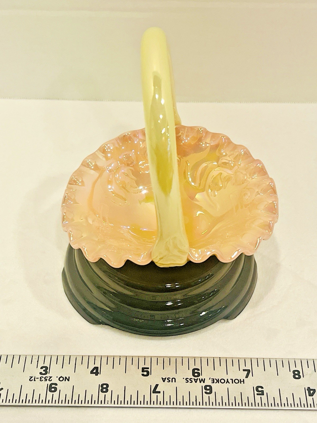 Vintage Fenton Art Glass Basket Dorothy Taylor Kitten UV Iridized Burmese 1991