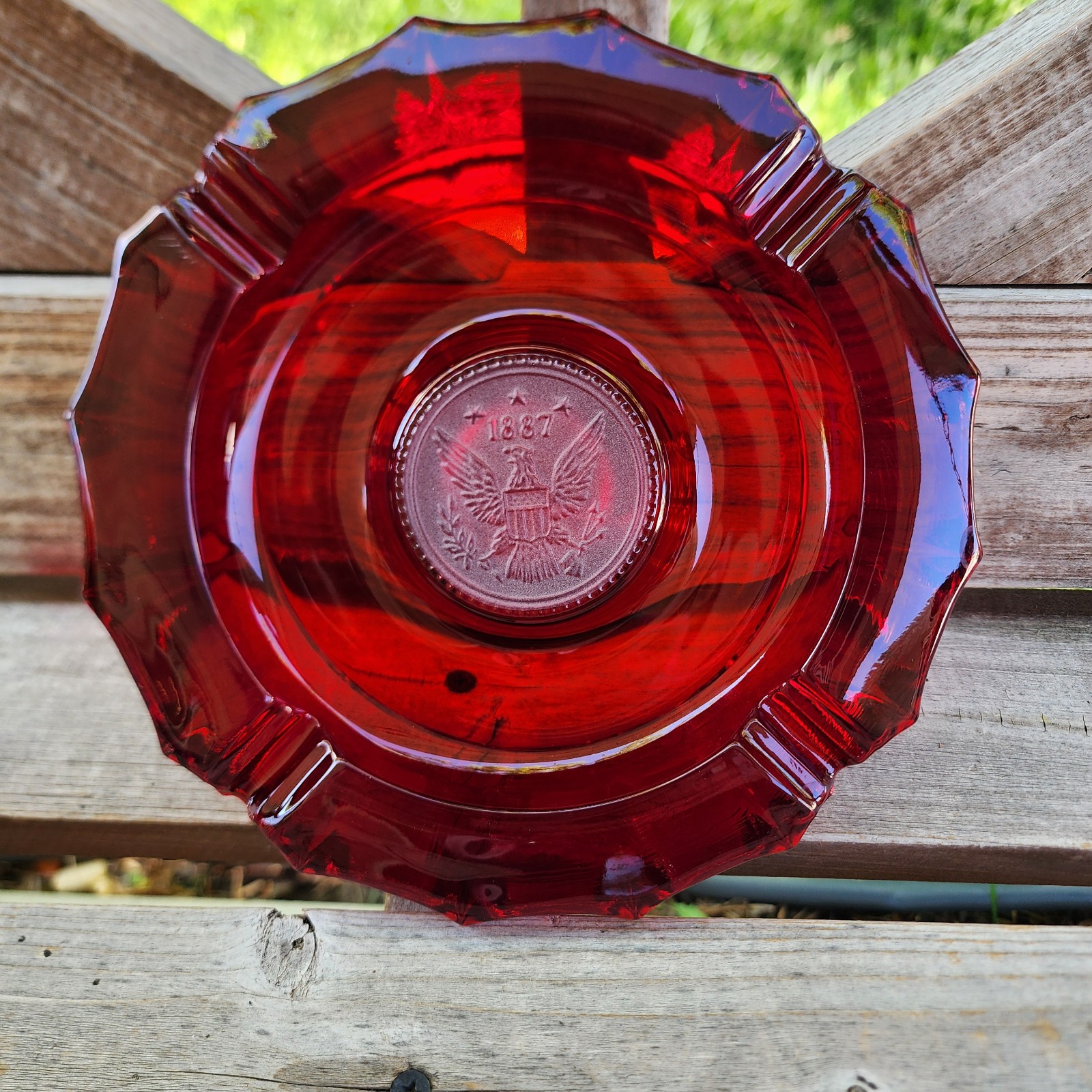 Vintage Fostoria Red Coin Glass Ashtray 1887 Raised Eagle Center Coin MCM