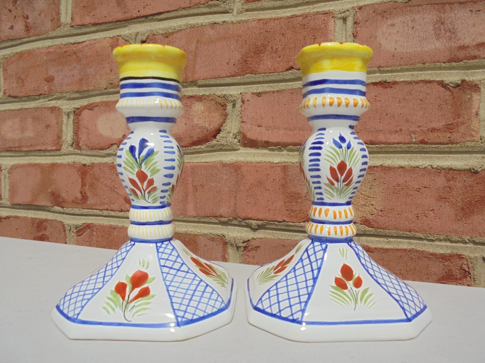 Pr Henriot Quimper France Pottery Mistral Peasant Candlesticks 5 3/4″ Excellent