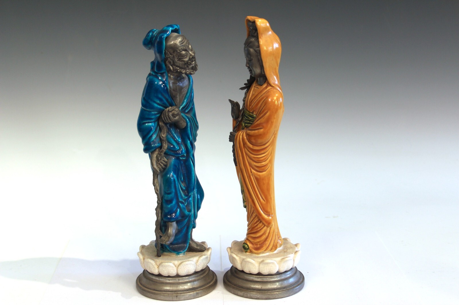 Pair Zaccagnini Italian Pottery Figures Guanyin Buddha Shouxing Raymor Vintage