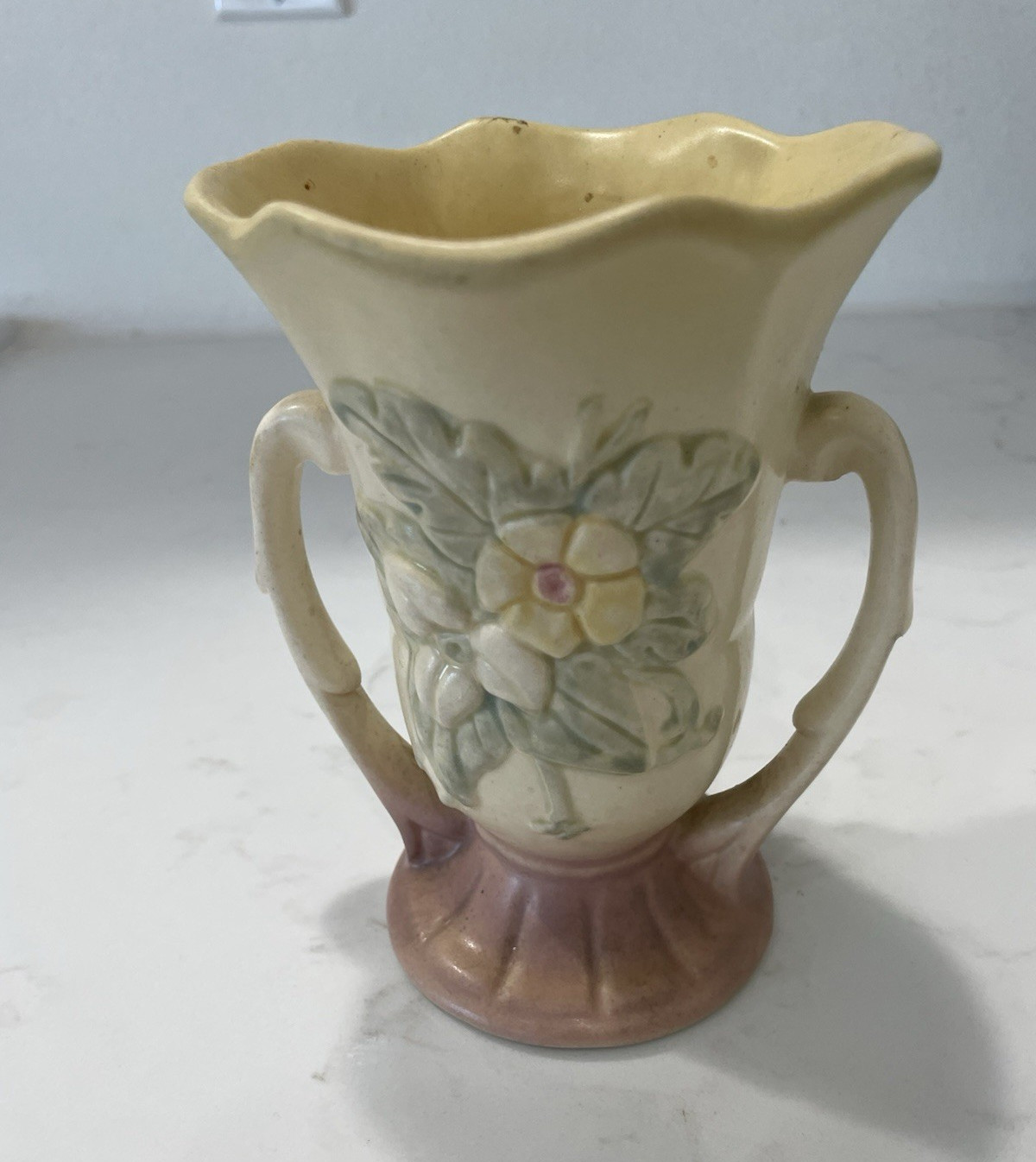 Hull USA Art Pottery Floral Relief Double Handle Scalloped Rim Vase 128 8 1/2
