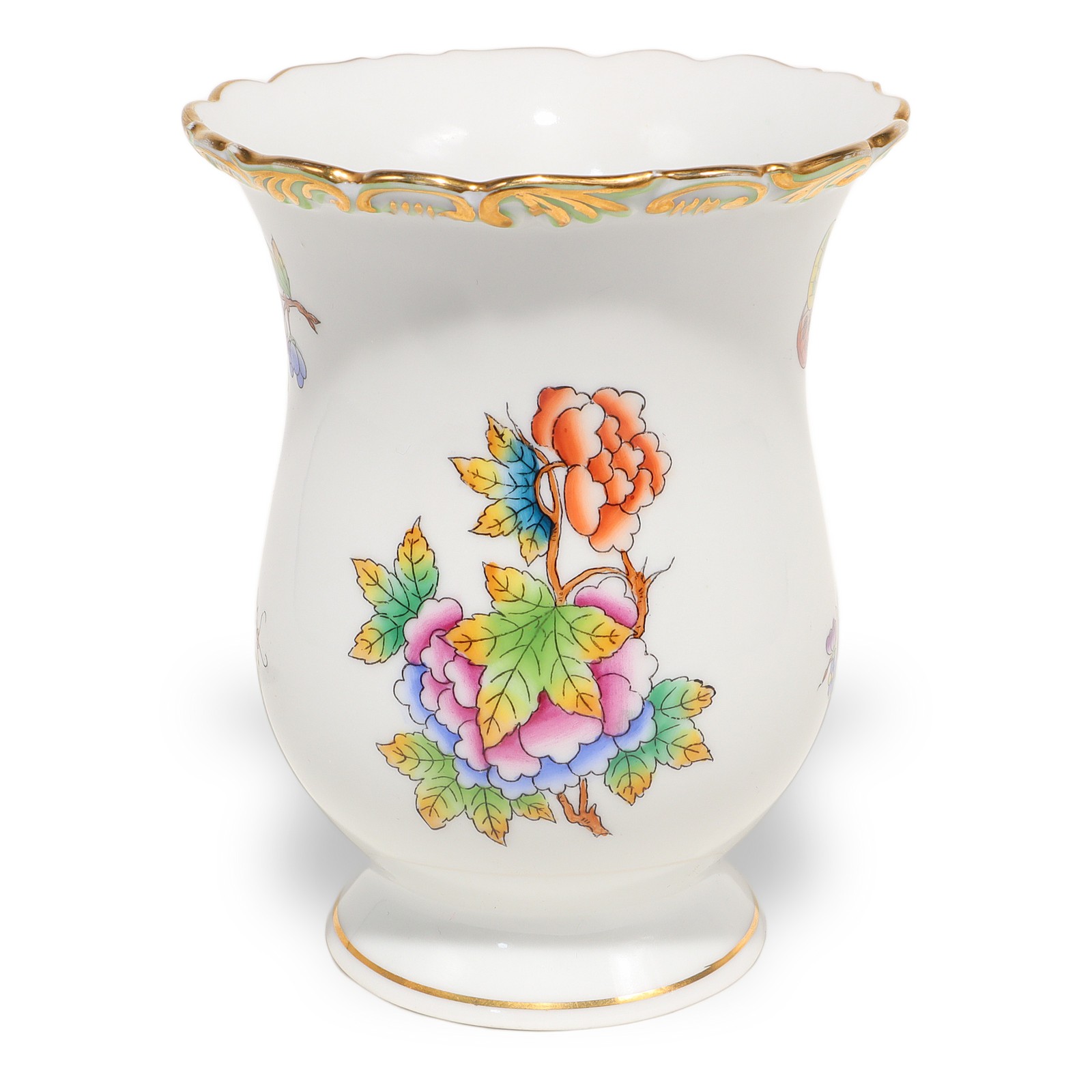 Herend Victoria Baroque Vase – Small Hand Painted Porcelain – Gold Rim