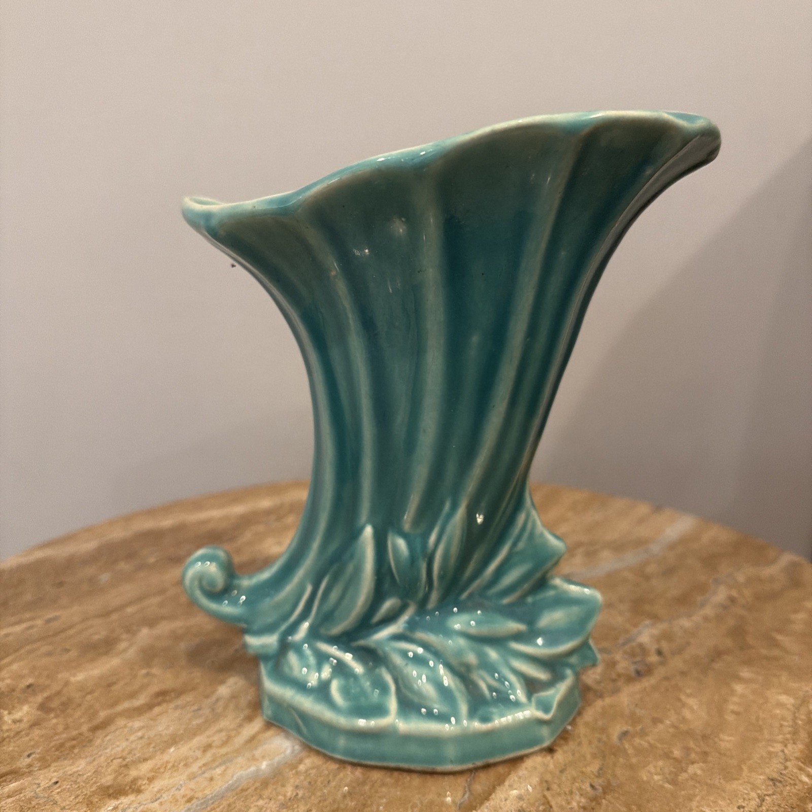CORNUCOPIA VASE Vintage McCOY ART pottery: Glossy Teal Blue LEAF & BERRY 4.5” T