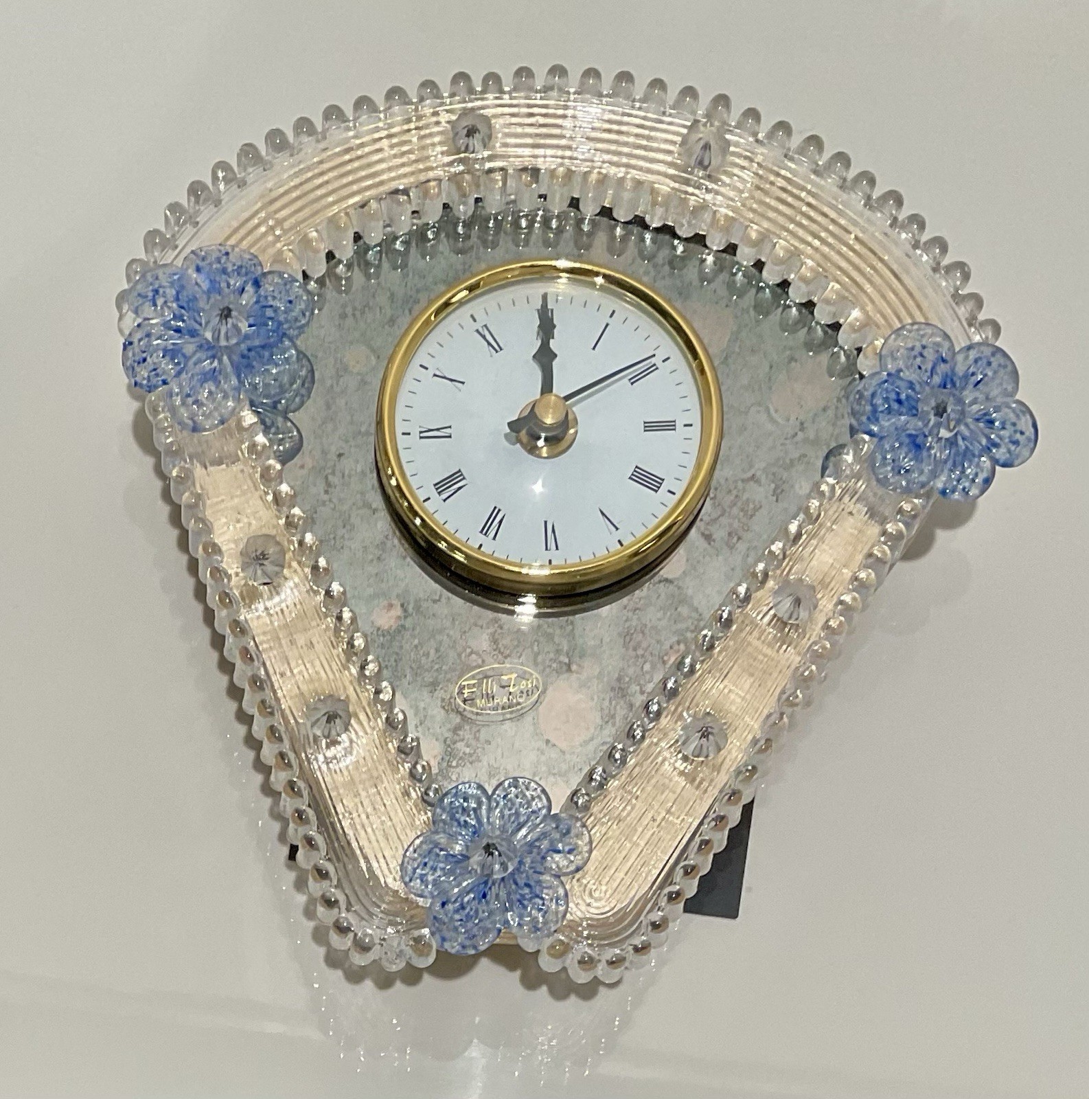 Fratelli Tosi Murano Glass Wall Clock Blue Millefiori Flowers Gold Bezel NOS