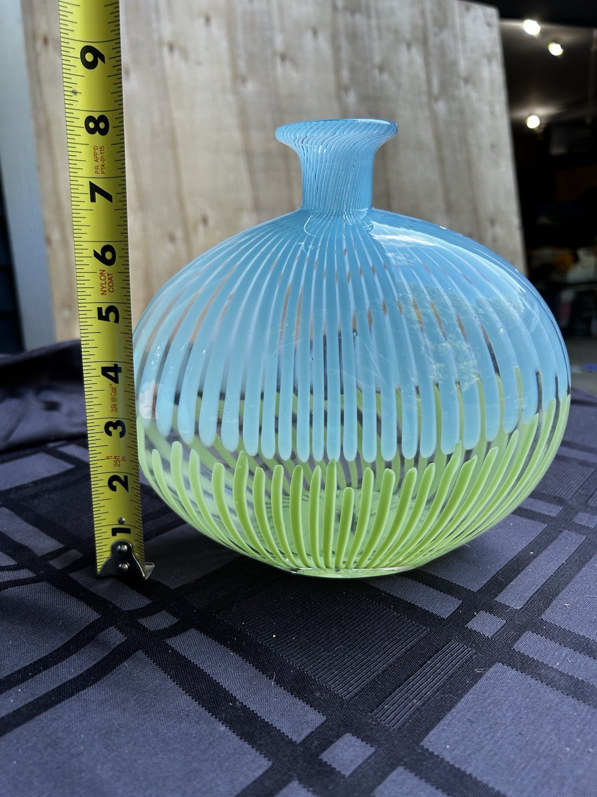 Blue & Green Striped Glass Vase, Glossy Finish Decorative 8 in x 8 in