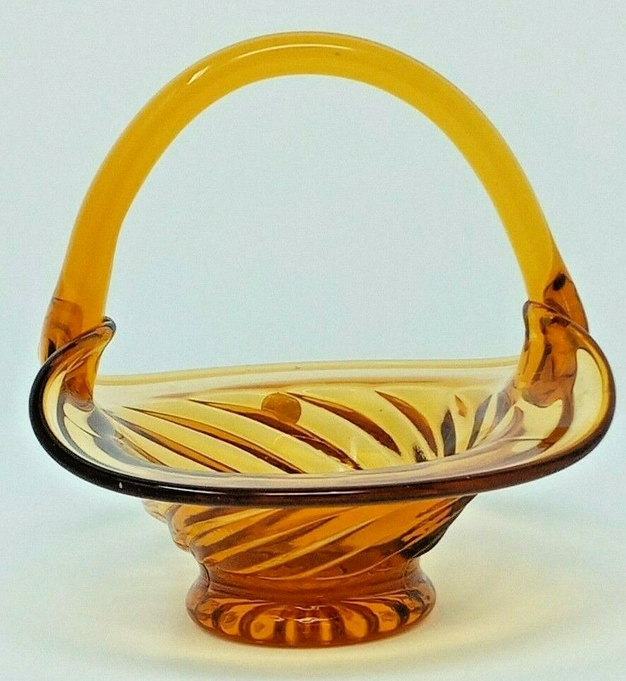 Amber Elegant Glass Basket with Applied Handle swirl pattern made in Italy euc