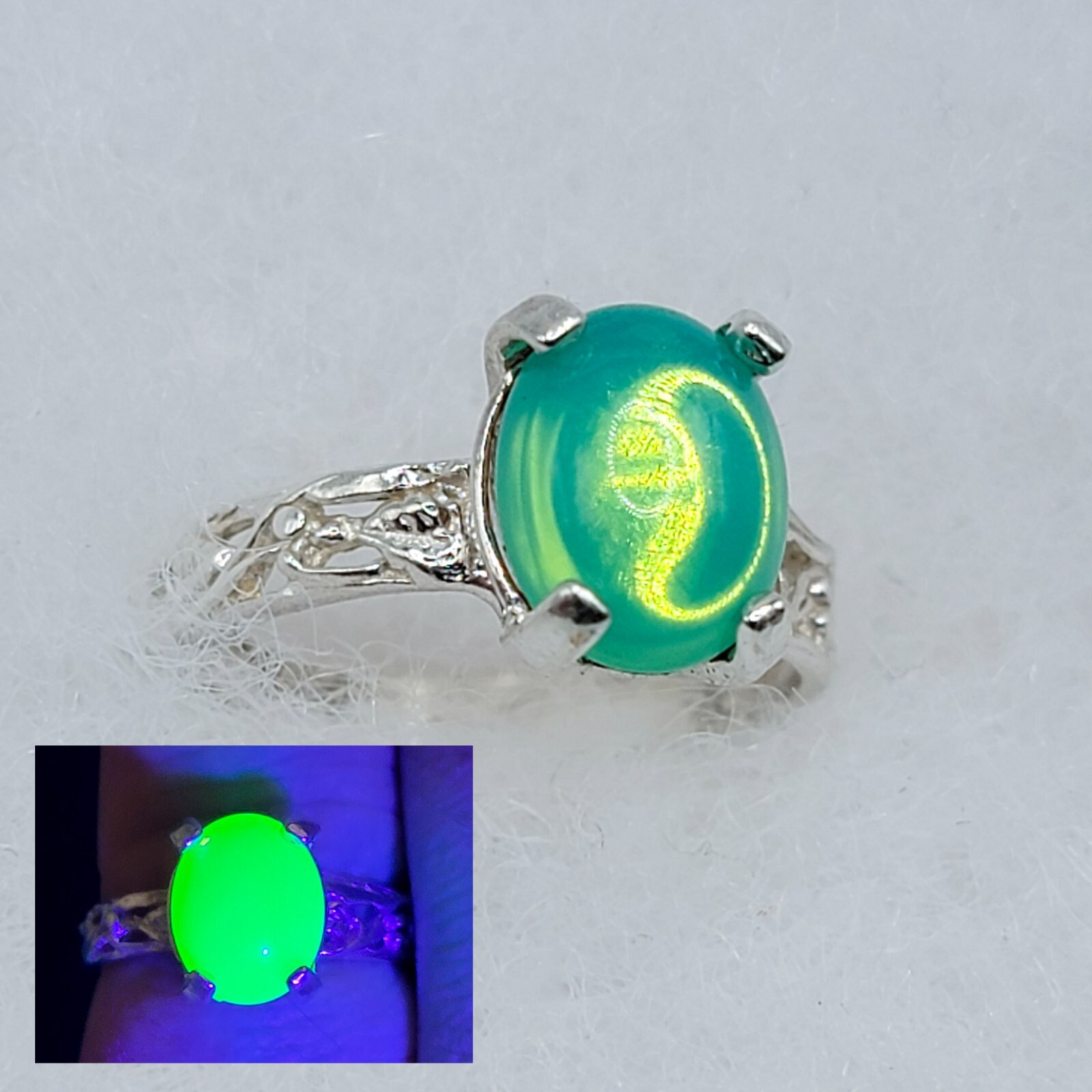 Sterling Opal Uranium Glass Ring Blue Green Opalescent 925 Silver