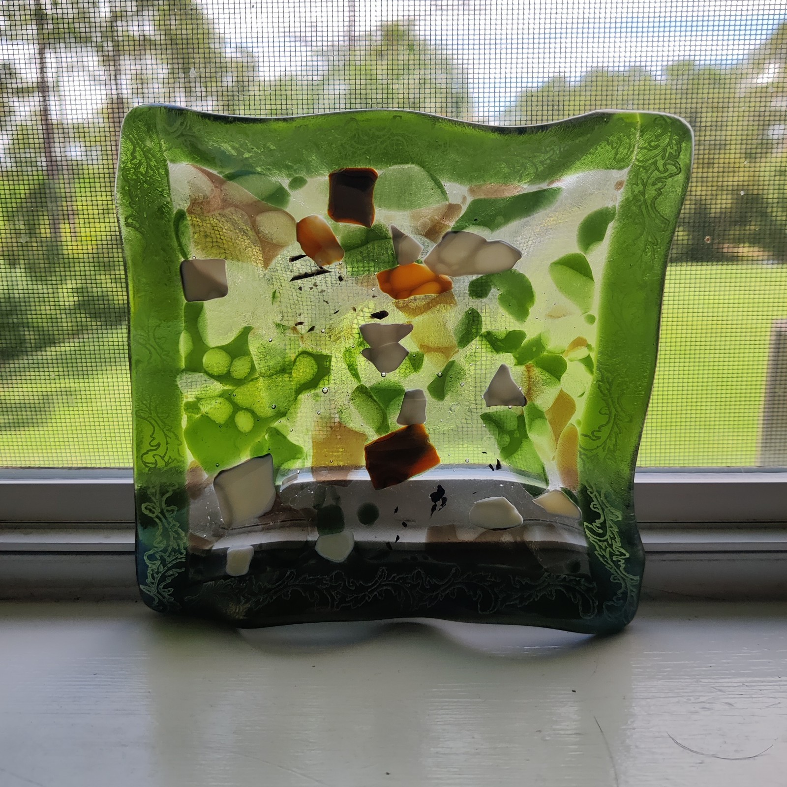 Vintage MCM Fused Glass Trinket or Ash Tray Set Signed Unique!