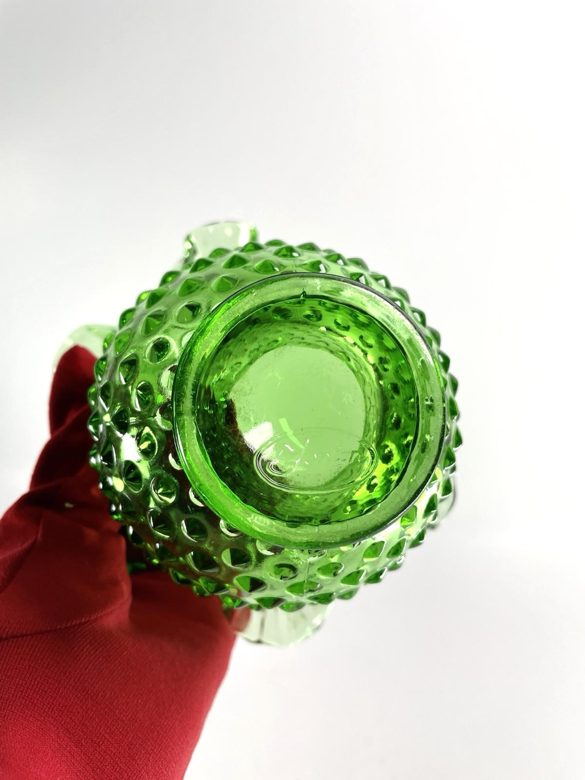 VTG Fenton Glass Vase Spring Time Green Hobnail RoseBowl Ruffled Edge 4” MARKED