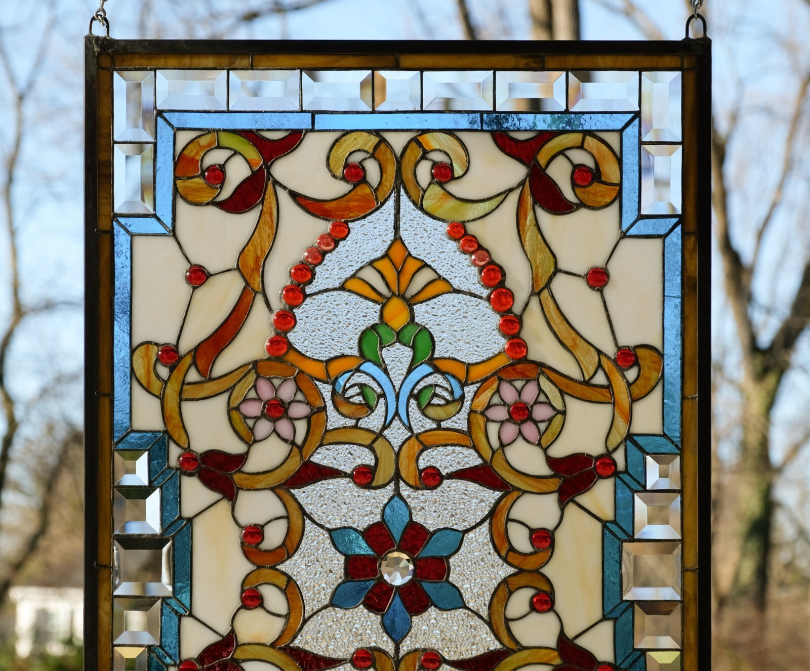 20.5″W x 34.5″H Handcrafted Jeweled stained glass window panel.
