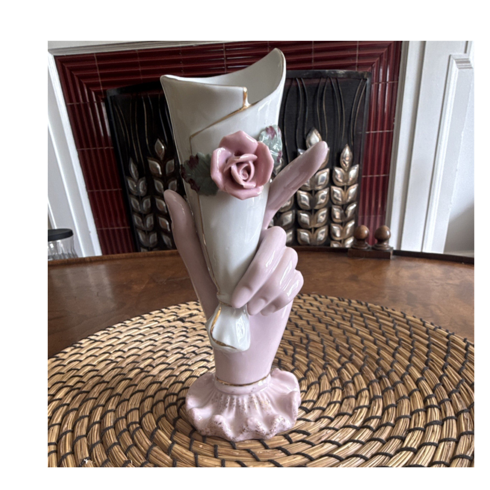 Vintage Royal Japan Ceramic Hand Vase Pink White Floral Rose