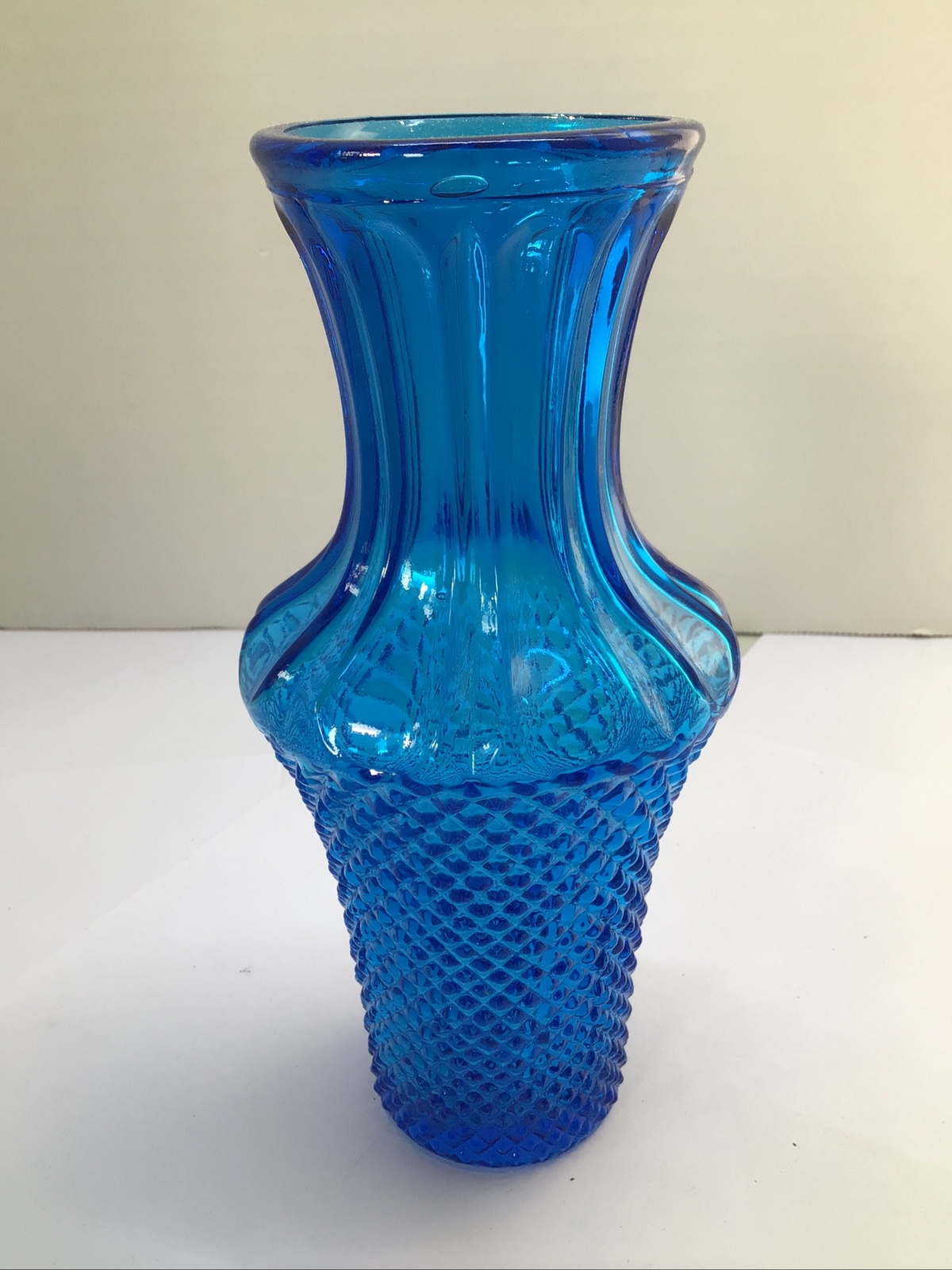 Vintage Sapphire Blue Glass Bouquet Vase Diamond Point Hobnail Minimalist Decor