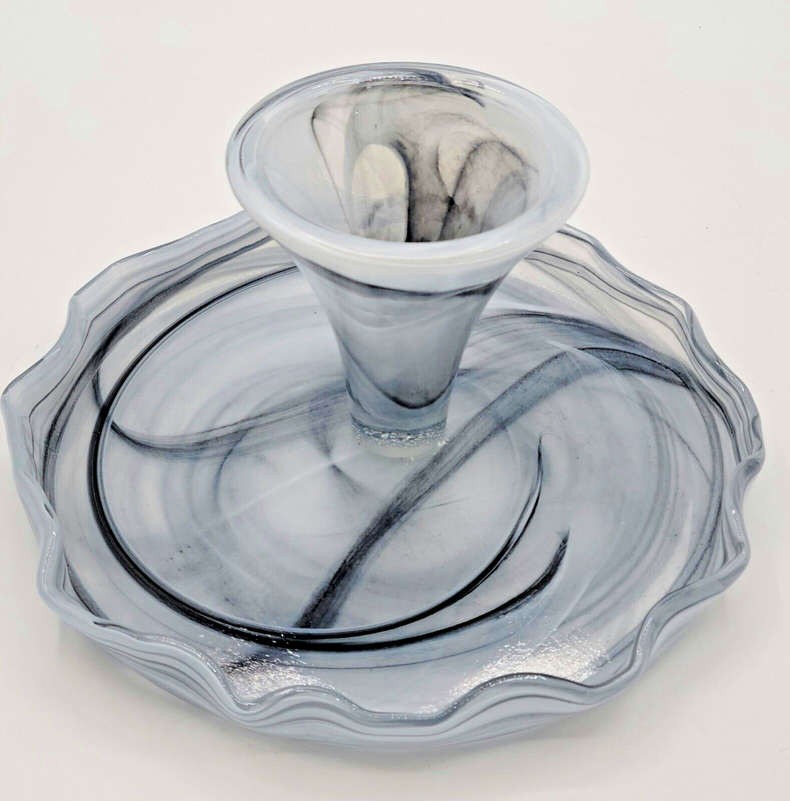Blown Glass Vase Sculpture Cake Stand Holder Black & White Marbled *FREE SHIP*