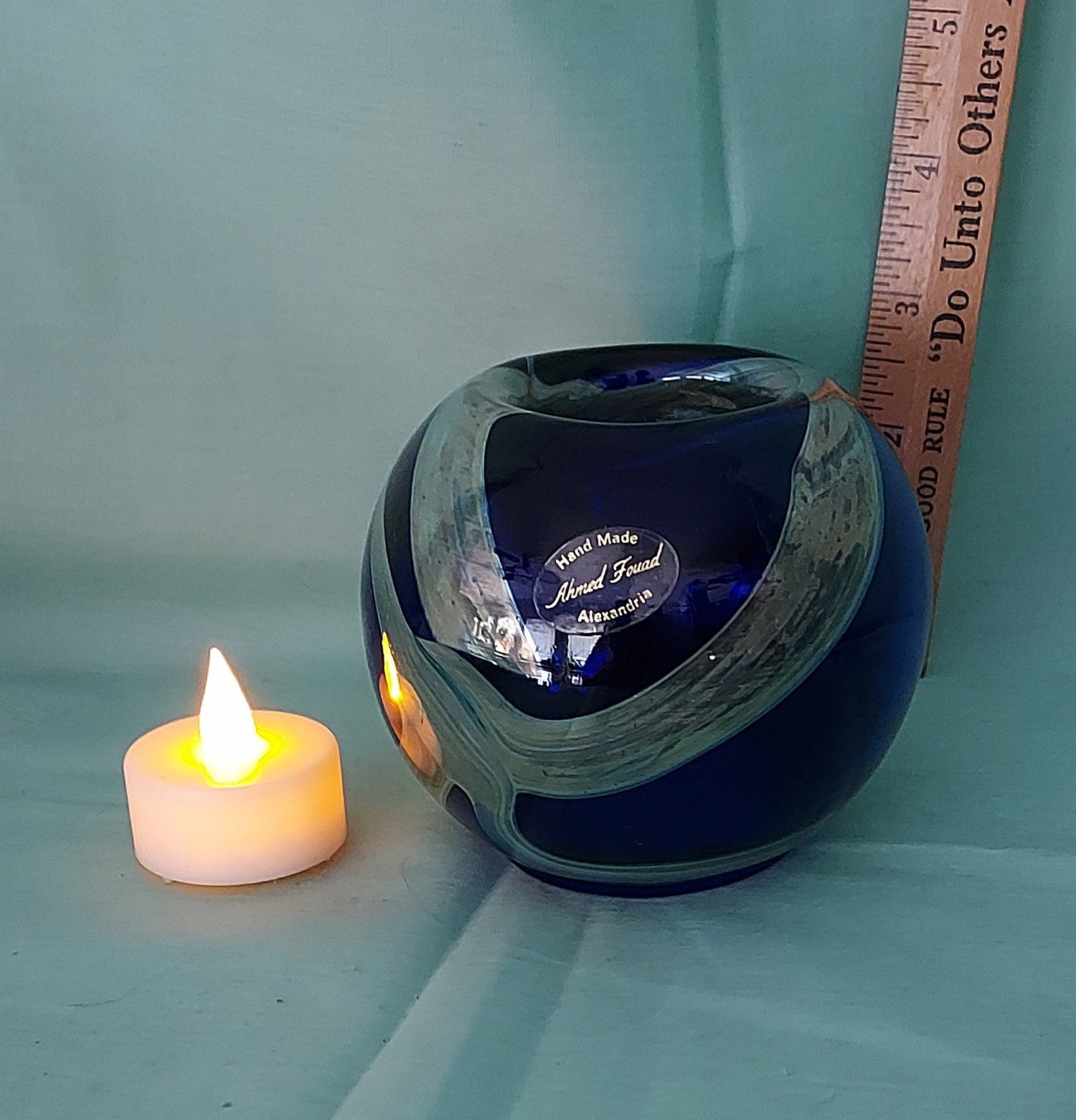 Ahmed Fouad Cobalt Blue/Gold Blown Glass Candleholder/Vase Egypt EUC