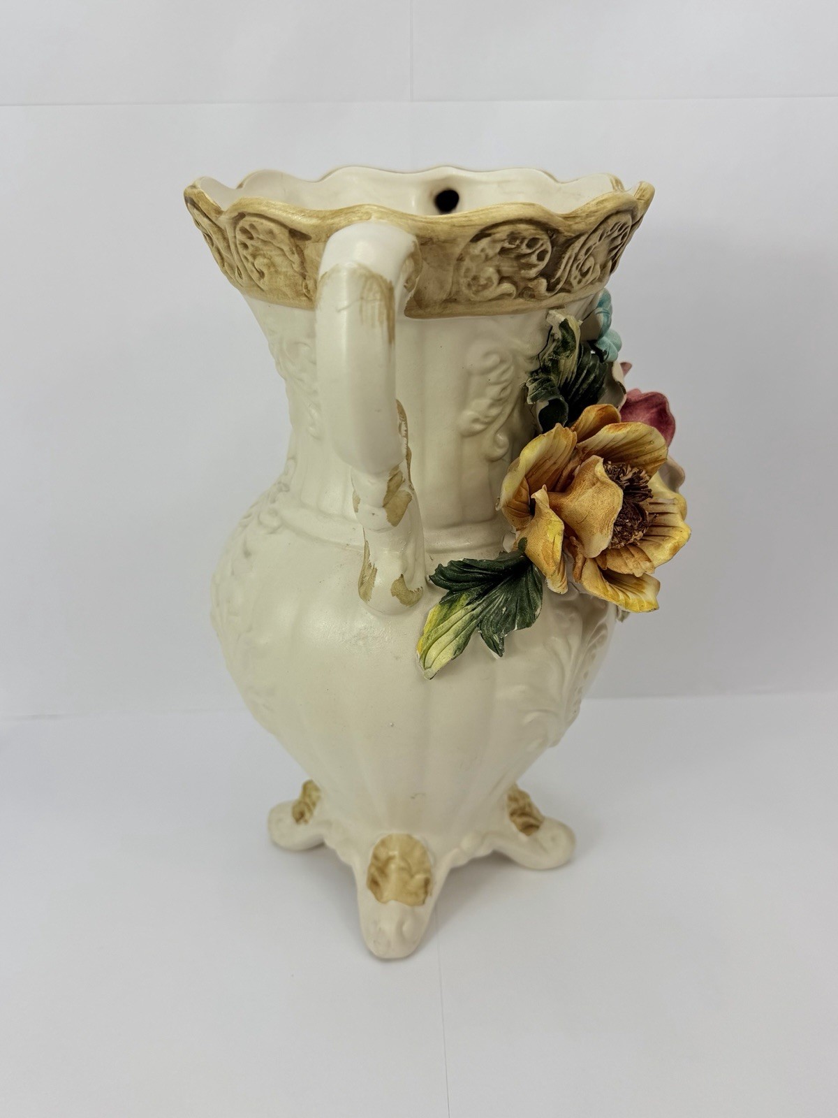 VINTAGE CAPODIMONTE DOUBLE HANDLE FOOTED VASE 10” ROSES Pink and Yellow