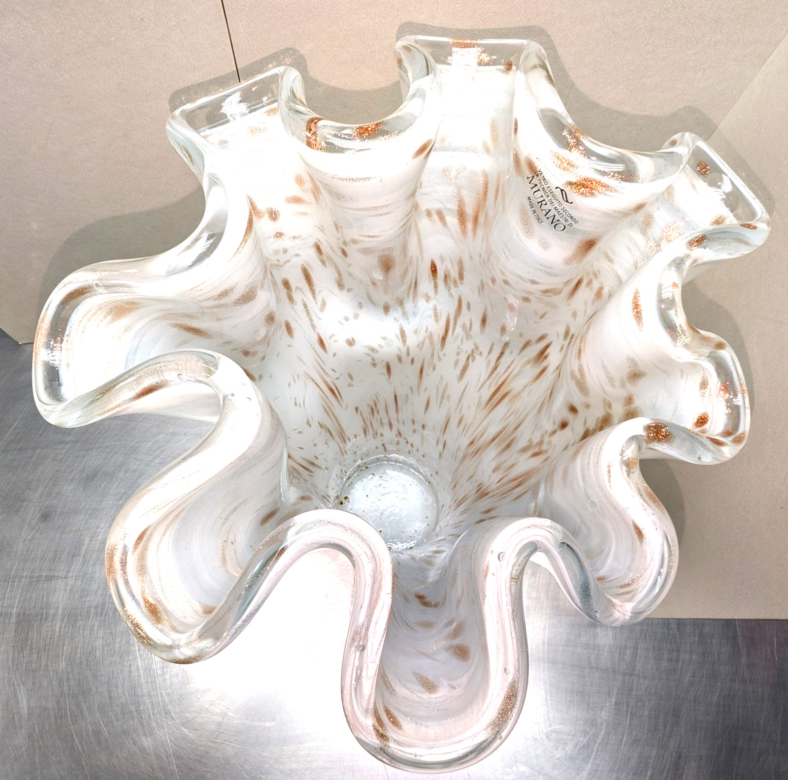 17” Large Murano Italy/Sticker Art Glass Swirled White Copper Handkerchief Vase