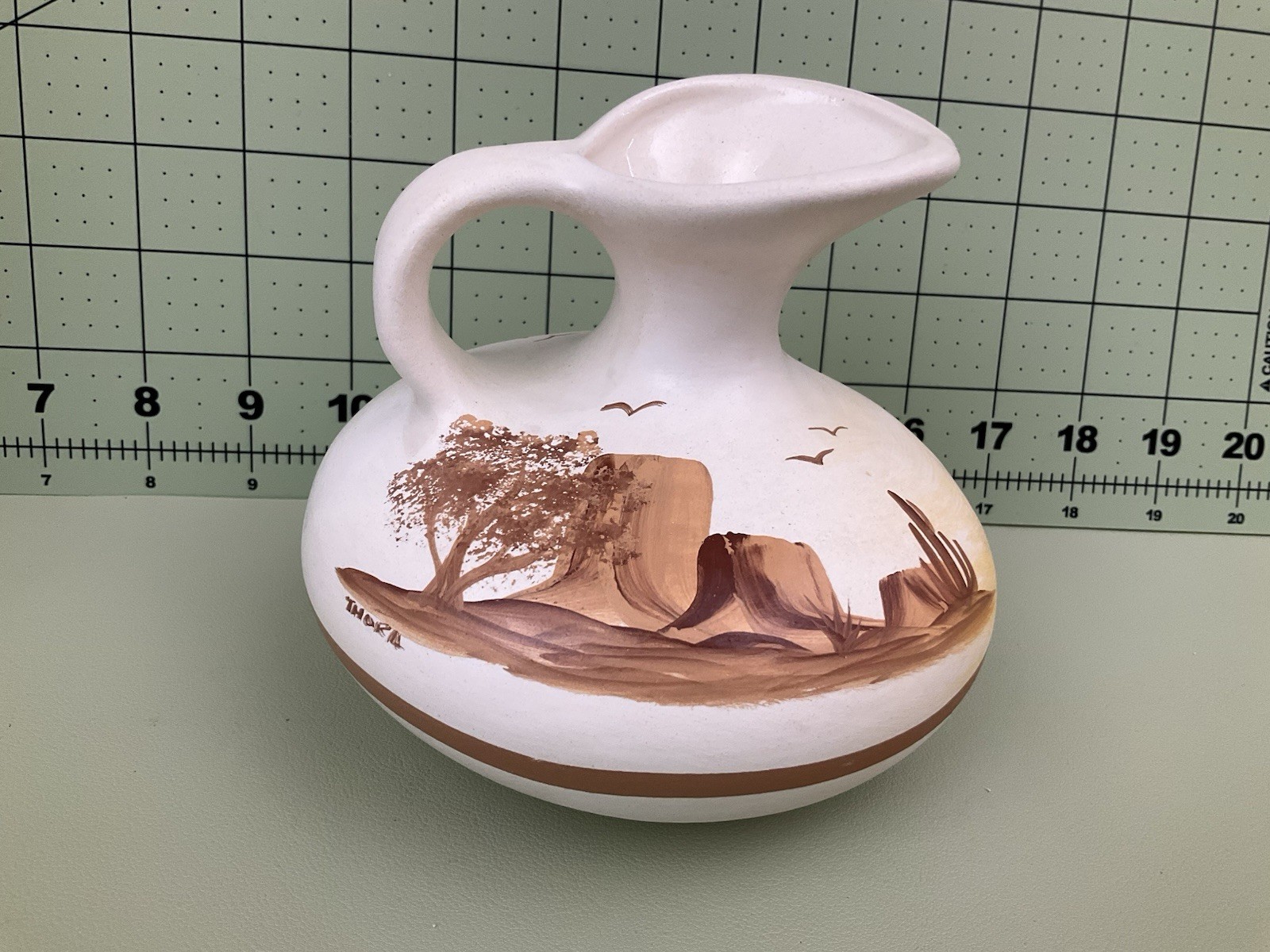 Southwestern Western Desert Cactus Hand painted Pottery Vase Signed Thora