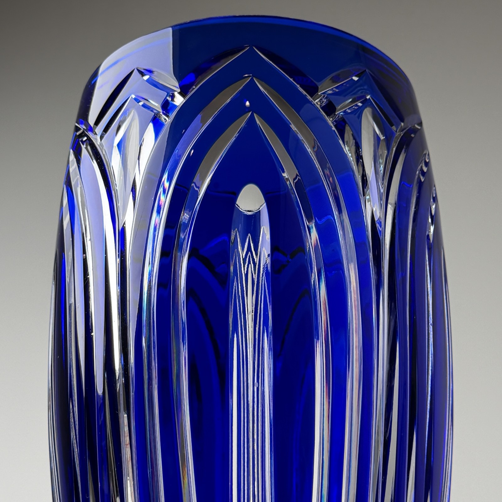 Vintage Cobalt Blue Crystal Cut Vase 11.75″ Gothic Arch Fluted Centerpiece Ooak