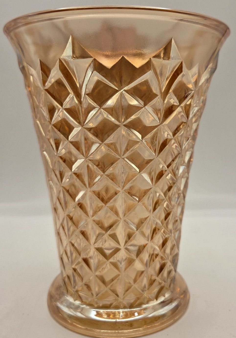Vtg Indiana Glass Diamond Point Vase Marigold Carnival Glass Iridescent 9″ MINT