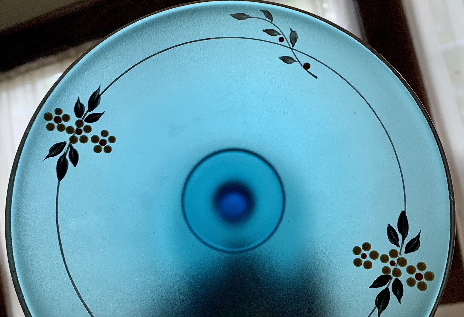 Vintage Tiffin (?) hand painted Daisies & satin blue footed compote 6.5” x 2.5”