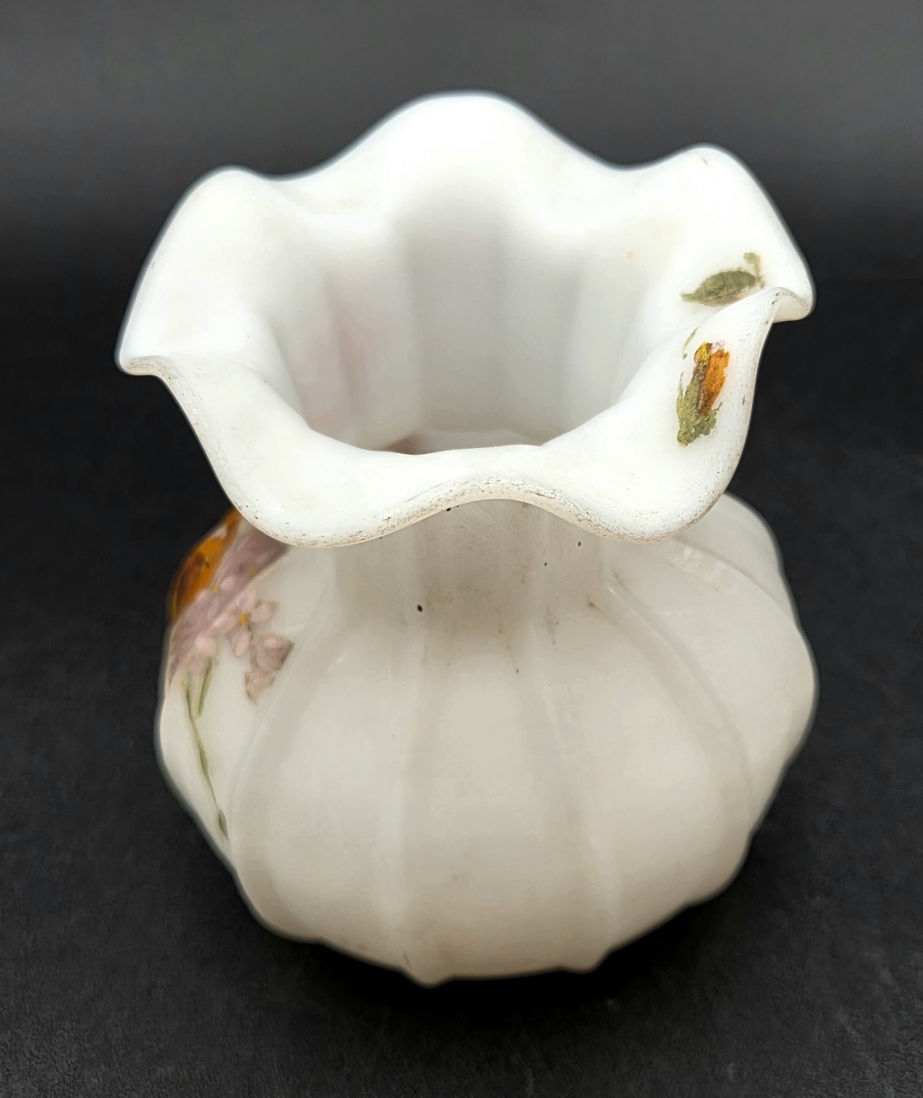 Vintage Hand-Crafted Victorian Floral 3″ White Satin Glass Vase